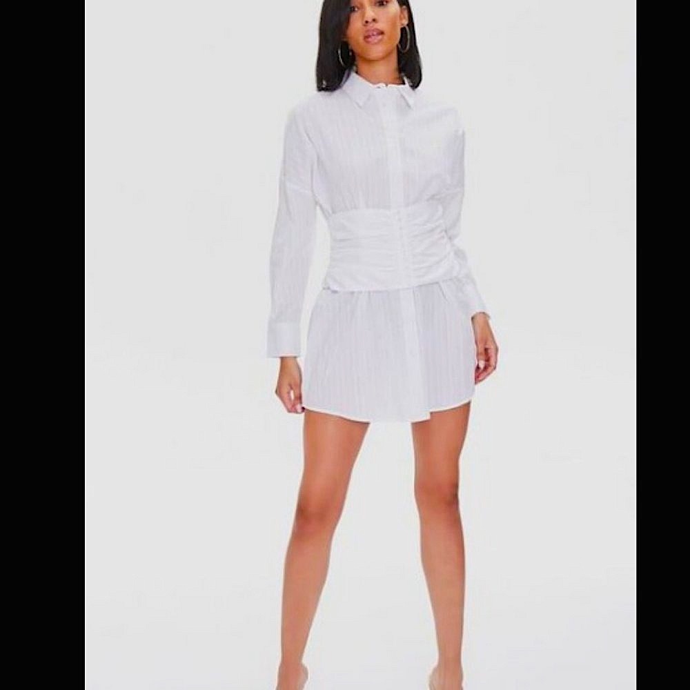 FOREVER 21 White pinstriped button down corset belted mini dress Medium NWT 4-6